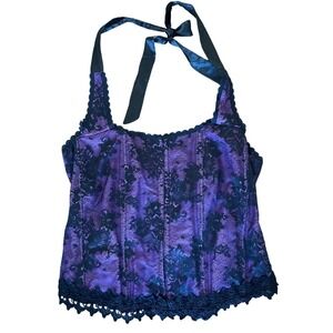 Fredericks of Hollywood Size 44 Halter Corset Purple Black Lace Lace Up Back